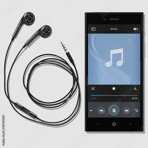 Meloman kit, black phone with modern headphones on white background. Modern phone on the table. A headset connected to the phone. Music phone with player. EPS 10 vector illustration