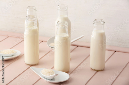 Bottles of rice milk on table