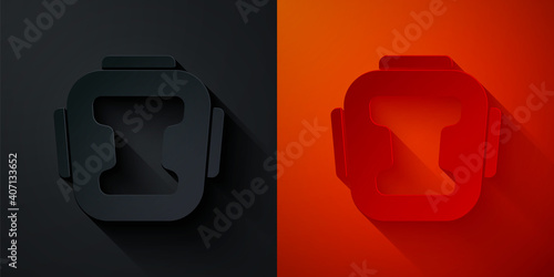 Paper cut Boxing helmet icon isolated on black and red background. Paper art style. Vector.