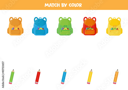 Color matching game for preschool kids. Match backpacks and pencils.