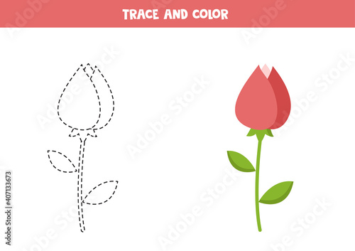 Trace and color cartoon valentine rose. Funny worksheet for kids.