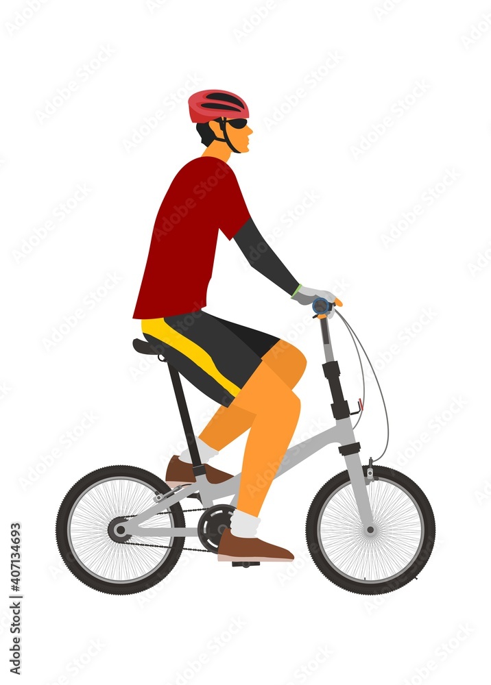 Fototapeta premium Man riding folding bike. Simple flat illustration.