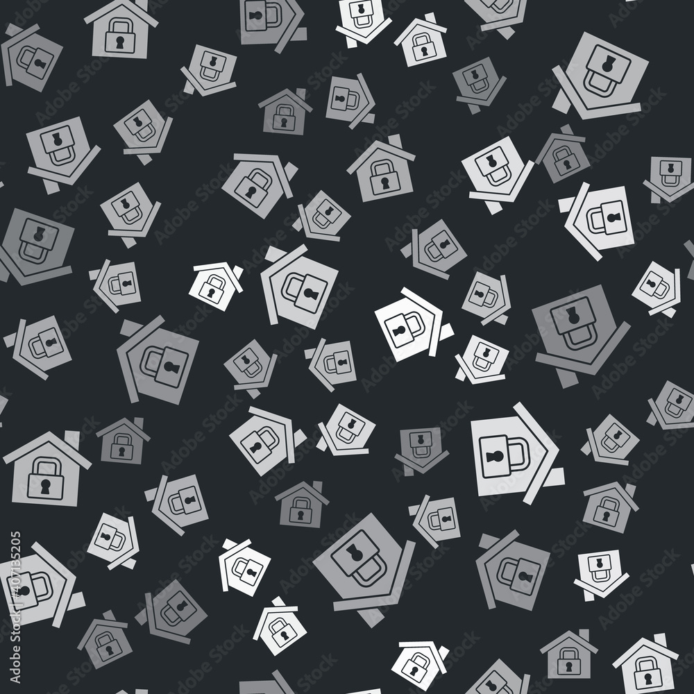 Grey House under protection icon isolated seamless pattern on black background. Home and lock. Protection, safety, security, protect, defense concept. Vector.
