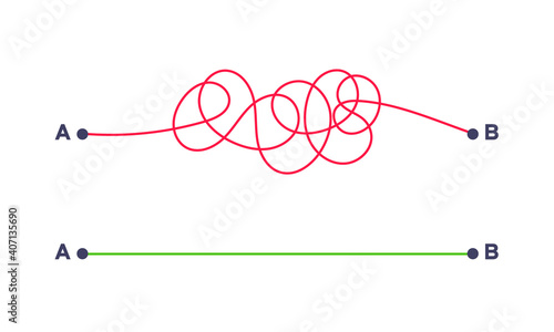 Complex and easy simple way from point A to B vector illustration. Chaos simplifying, problem solving and business solution searching challenge concept. Hand dwawn doodle scribble chaos path lines.