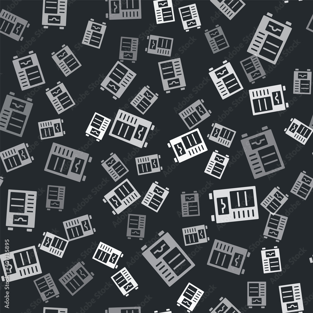 Grey Vending machine of food and beverage automatic selling icon isolated seamless pattern on black background. Vector. Grey Vending machine of food and beverage automatic selling icon isolated seamless pattern on black background. Vector.
