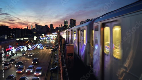 Train arriving to a metro station in Brooklyn New York on a sunny summer day photo