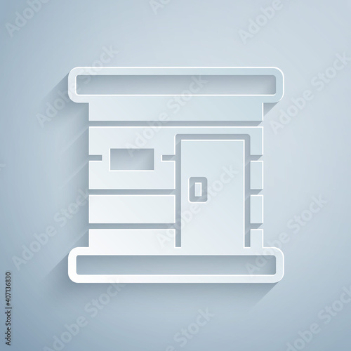 Paper cut Sauna wooden bathhouse icon isolated on grey background. Heat spa relaxation therapy bath and hot steam healthcare, relax therapy. Paper art style. Vector.