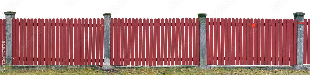 Fototapeta premium Long wooden fencemade of red pine planks isolated