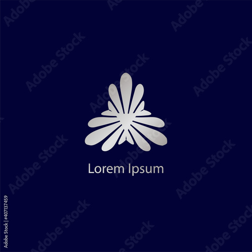 Abstract decorative flower logo design template isolated on dark blue color background. Silver, gray, radiance energi, vortex vector illustration