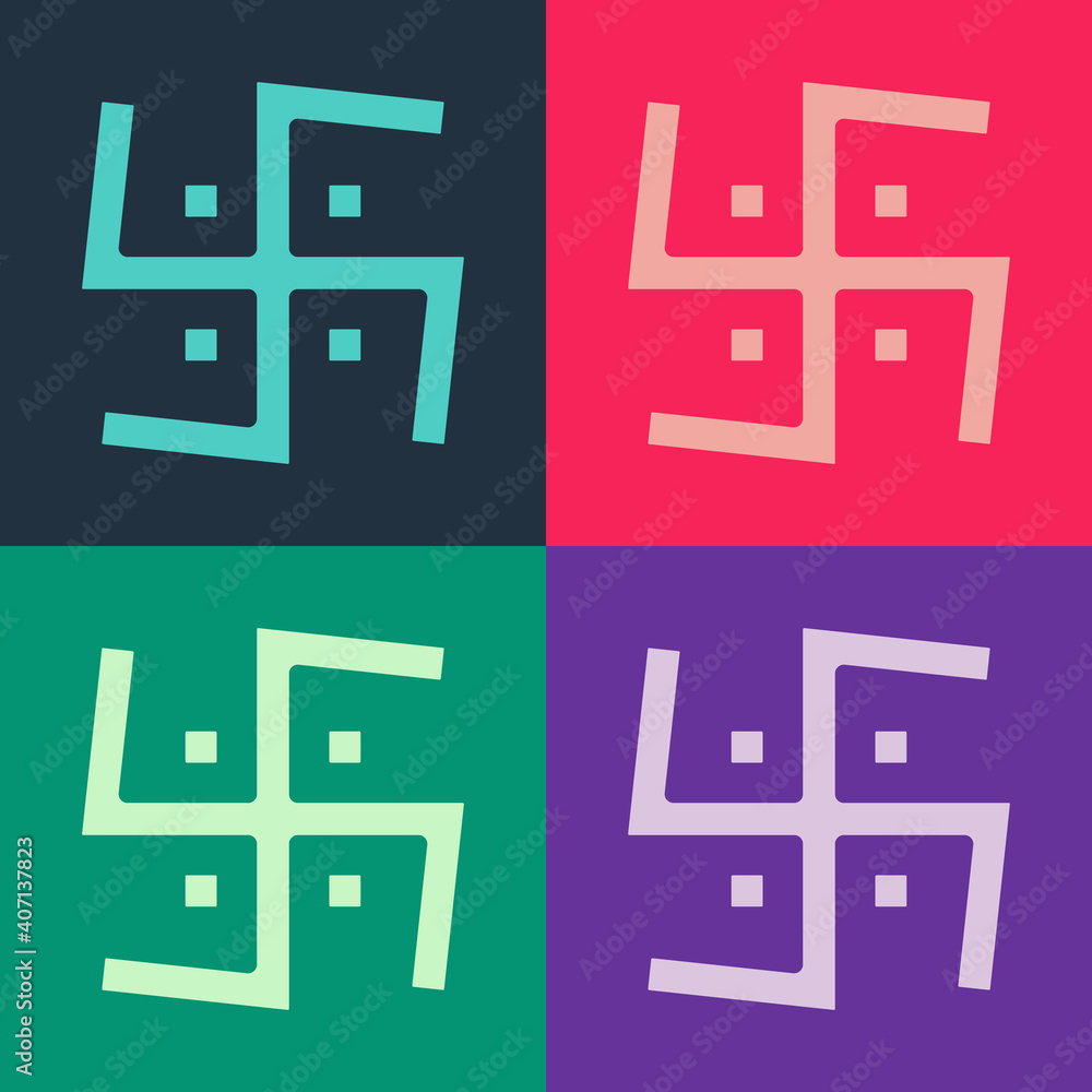 Pop art Hindu swastika religious symbol icon isolated on color background. Vector.