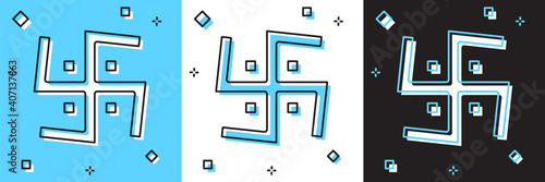 Set Hindu swastika religious symbol icon isolated on blue and white, black background. Vector.
