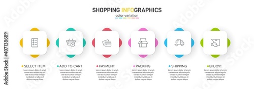 Concept of shopping process with 6 successive steps. Six colorful graphic elements. Timeline design for brochure, presentation, web site. Infographic design layout.