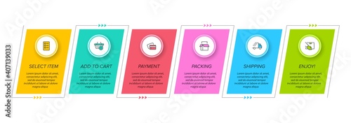 Concept of shopping process with 6 successive steps. Six colorful graphic elements. Timeline design for brochure, presentation, web site. Infographic design layout.