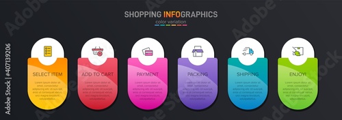 Concept of shopping process with 6 successive steps. Six colorful graphic elements. Timeline design for brochure, presentation, web site. Infographic design layout.