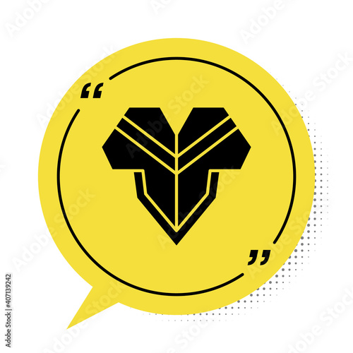 Black Traditional mexican poncho clothing icon isolated on white background. Yellow speech bubble symbol. Vector.