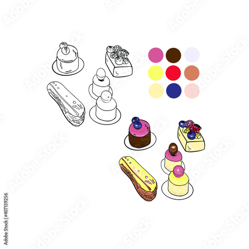 Vector coloring of the set of desserts for the book. The clue with colors. Print for coloring, florists, menu, logo, line, sweets