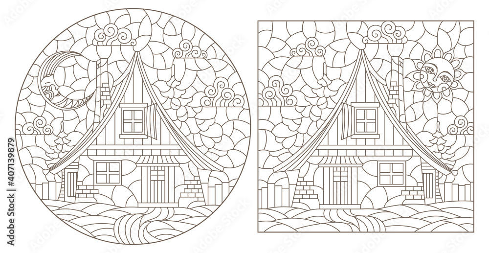 Naklejka premium Set of contour illustrations in stained glass style with cozy rural houses on a background of fir trees and sky, dark contours on a white background