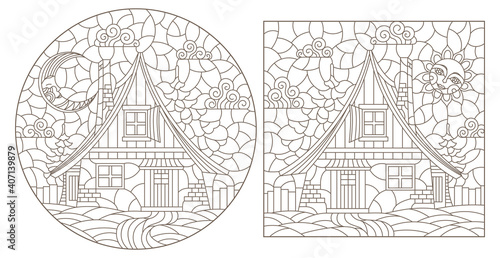 Set of contour illustrations in stained glass style with cozy rural houses on a background of fir trees and sky  dark contours on a white background