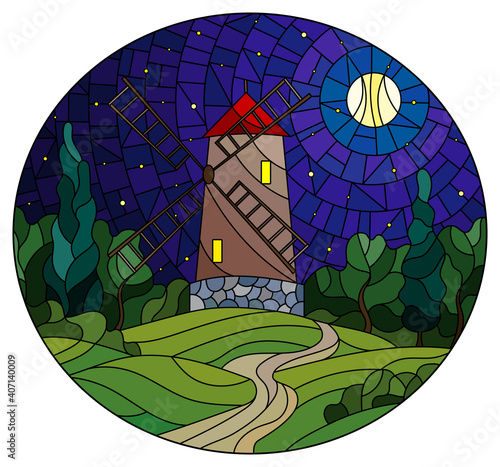 The image in the stained glass style landscape with a  windmill on a background of starry night sky and moon, oval image