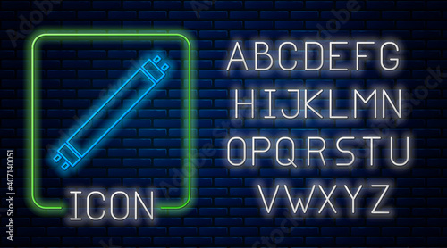 Glowing neon Long luminescence fluorescent energy saving lamp icon isolated on brick wall background. Neon light alphabet. Vector.