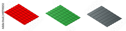 Isometric vector illustration corrugated tile elements of roof isolated on white background. Realistic corrugated metal tiles for roof covering vector icons in flat cartoon style. Building materials.