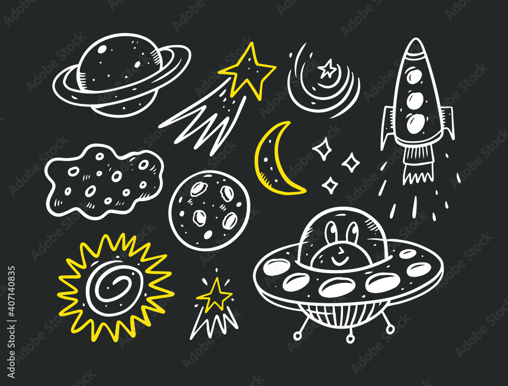 Space doodle set elements. Hand drawn comic cartoon sketch. Vector illustration isolated on black background. Space doodle set elements. Hand drawn comic cartoon sketch. Vector illustration isolated on black background.