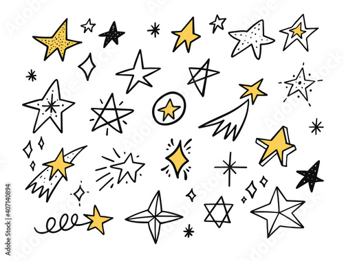 A collection of icons and doodle elements featuring stars, perfect for space-themed designs. Hand-drawn in a doodle style, these vector illustrations add a playful touch to any project.