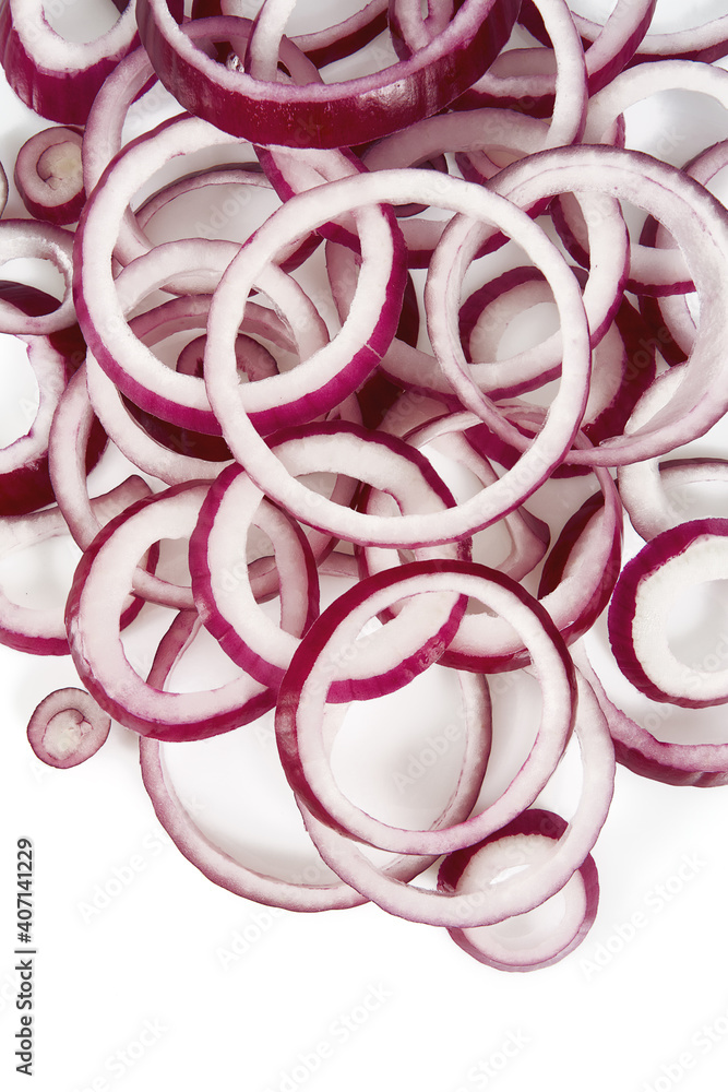 red onion slices isolated on white backrgound