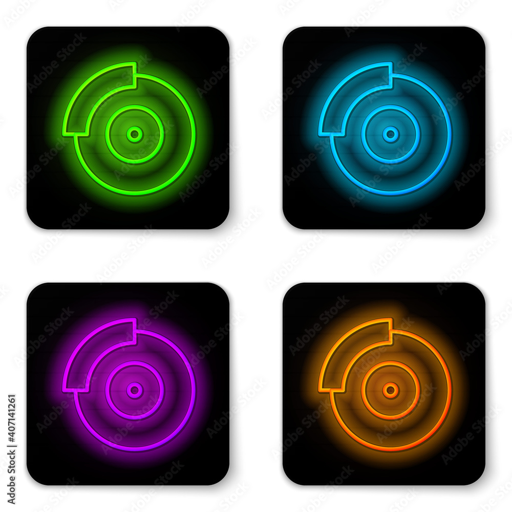 Glowing neon line Car brake disk with caliper icon isolated on white background. Black square button. Vector. Glowing neon line Car brake disk with caliper icon isolated on white background. Black square button. Vector.