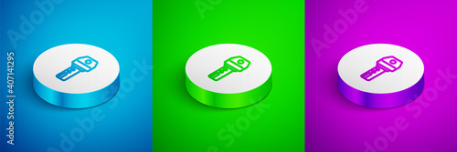 Isometric line Car key with remote icon isolated on blue,green and purple background. Car key and alarm system. White circle button. Vector.
