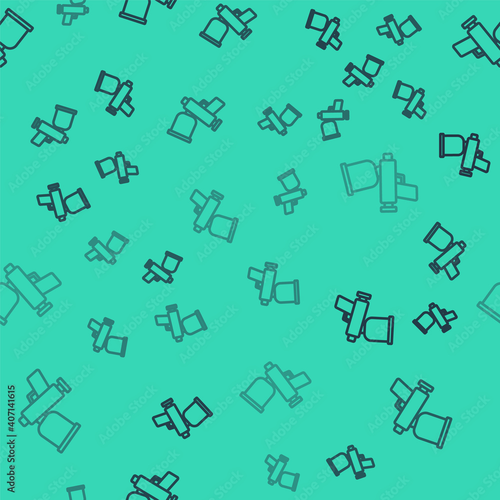 Black line Paint spray gun icon isolated seamless pattern on green background. Vector.