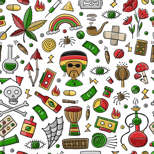 Drugs addiction. Say no to drugs. Rasta collection with skull, marijuana, dru...