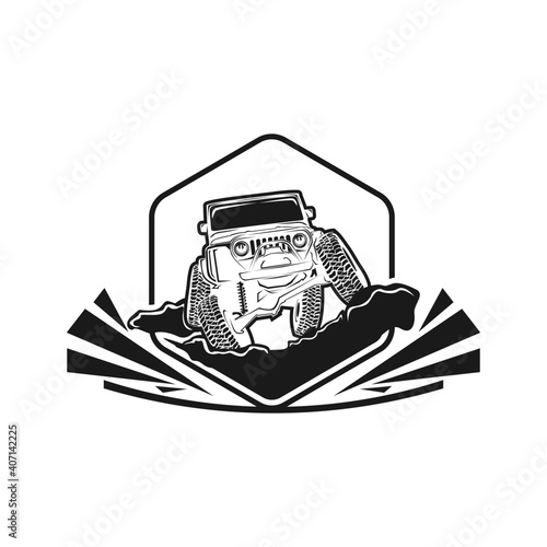 Off-road logo. Emblem extreme competition. Adventure suv and car club off-road elements. Beautiful vector illustration with unique textured letters isolated on white background.