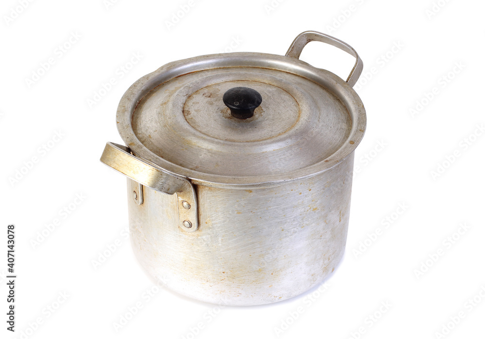 Old metal saucepan. Isolated object on white background