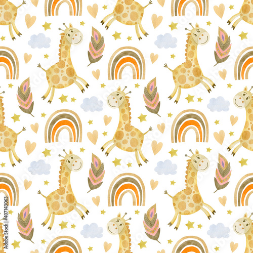 Watercolor seamless pattern of stars  giraffe  rainbow  clouds  feather. Boho style. African animals.