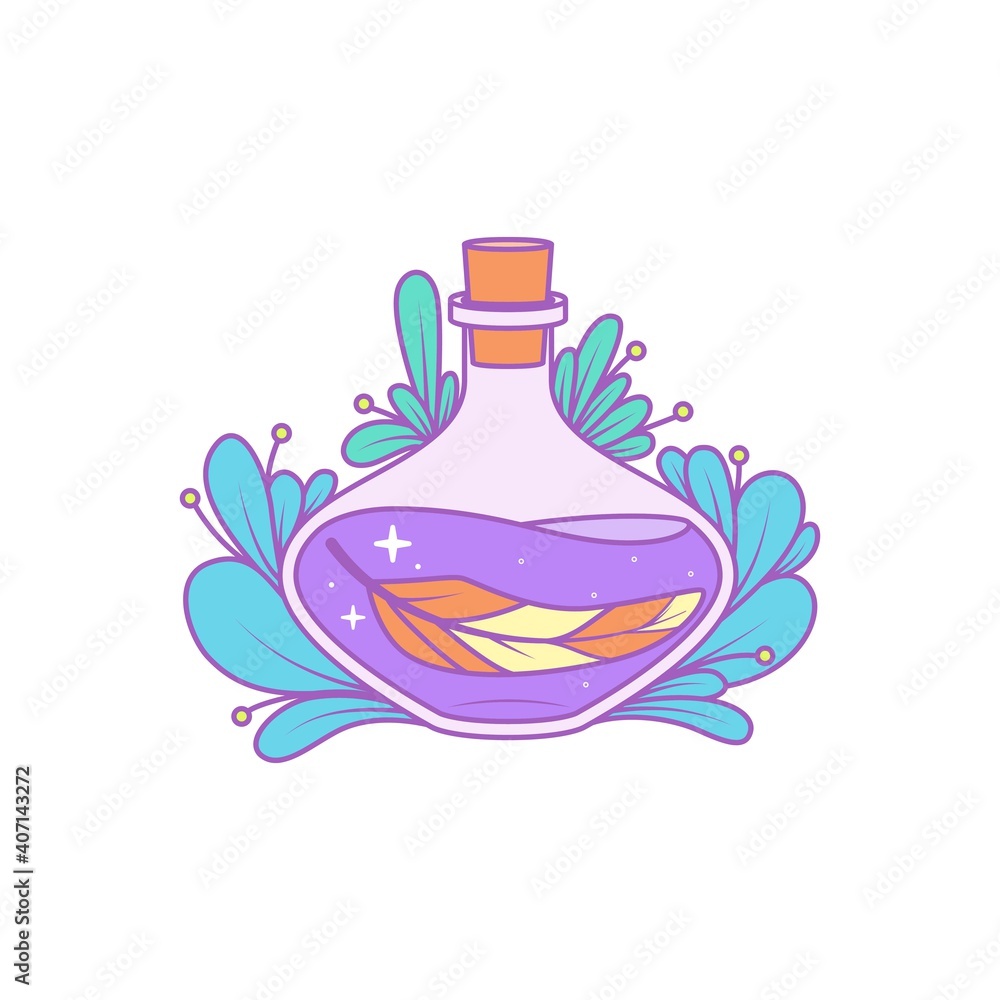 A magical bottle with plants around and a feather inside. Vector illustration A magical bottle with plants around and a feather inside. Vector illustration