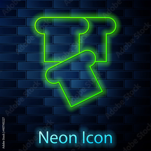 Glowing neon line Bread toast for sandwich piece of roasted crouton icon isolated on brick wall background. Lunch, dinner, breakfast snack. Vector.