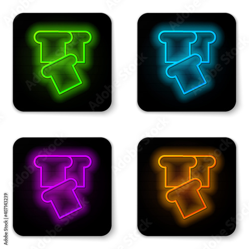 Glowing neon line Bread toast for sandwich piece of roasted crouton icon isolated on white background. Lunch, dinner, breakfast snack. Black square button. Vector.