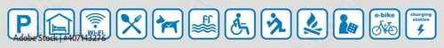 Basic icons of hotel services, set of icon, blue color, vector