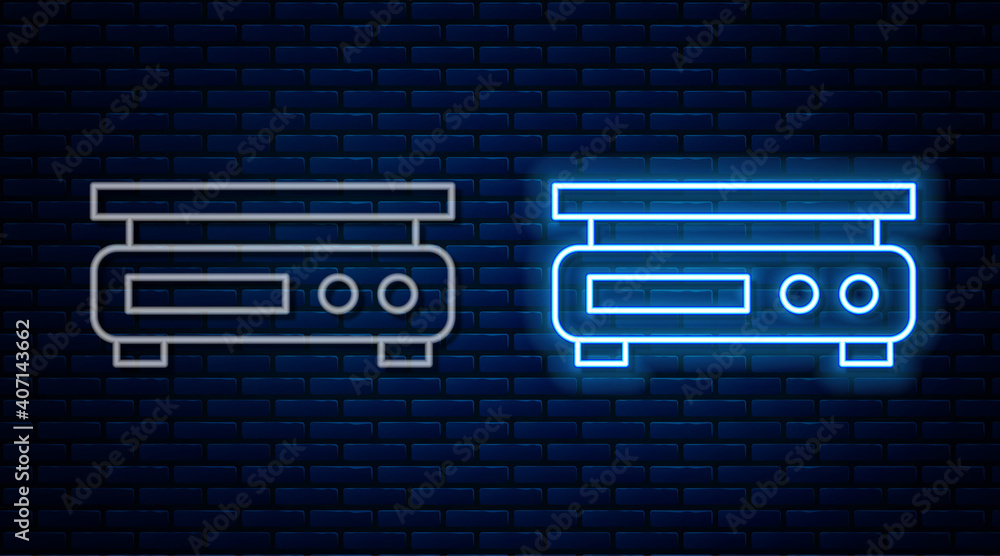 Glowing neon line Electronic scales icon isolated on brick wall background. Weight measure equipment. Vector. Glowing neon line Electronic scales icon isolated on brick wall background. Weight measure equipment. Vector.