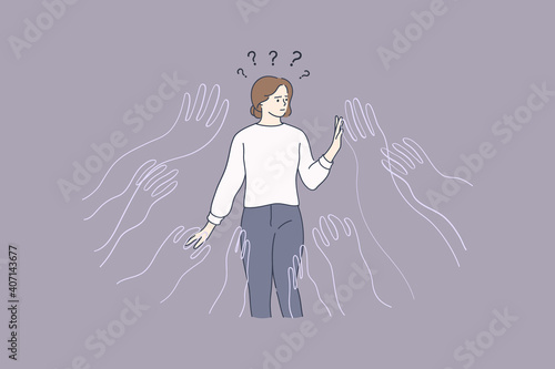 Psychological influence, manipulation, addiction concept. Young frustrated woman cartoon character standing surrounded by giant creeping hands feeling influence and doubting what to choose