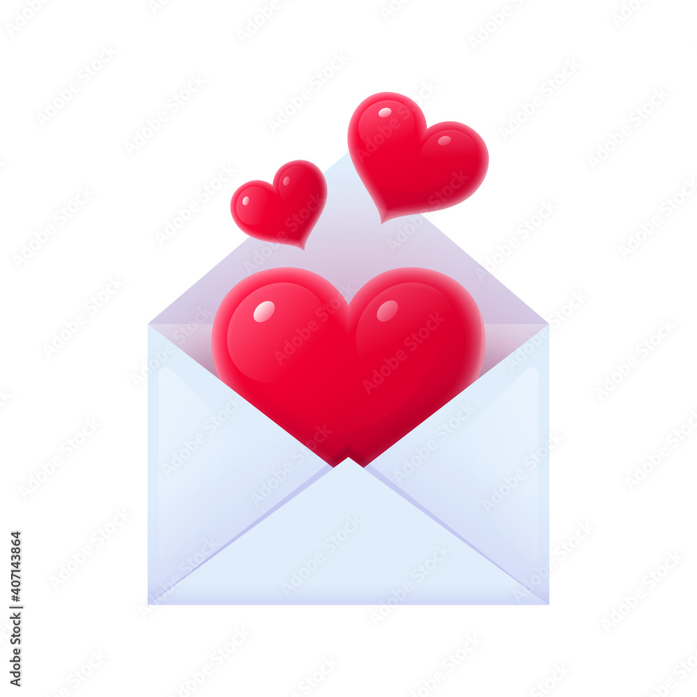 Opened envelope with red hearts. Valentines Day symbol, romantic love letter. Happy holiday celebration realistic vector illustration on white background