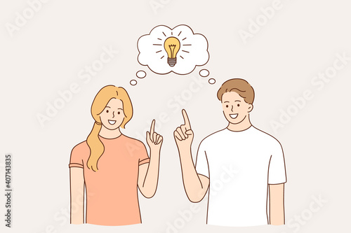 Having idea and solution concept. Young happy couple cartoon characters standing with light bulb between them meaning solved question, creative thinking vector illustration