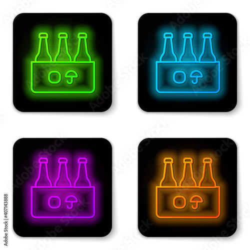 Glowing neon line Pack of beer bottles icon isolated on white background. Case crate beer box sign. Black square button. Vector.