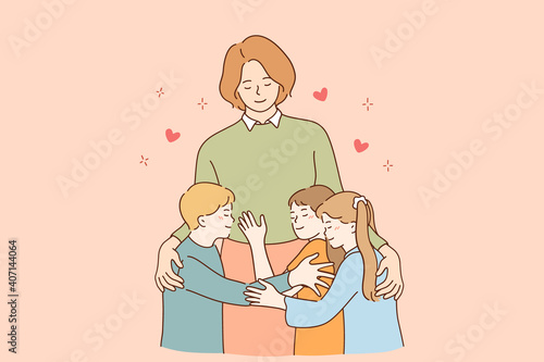 Happy teachers day concept. Young smiling woman teacher cartoon character standing and embracing smiling children pupils vector illustration in classroom or outdoors