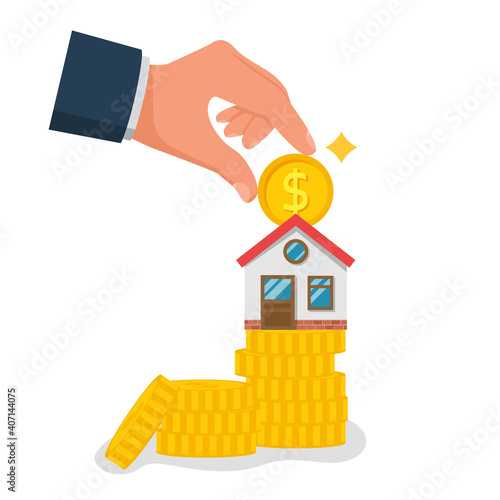 Man invests money in the house. Home is like a piggy bank. Vector illustration flat design. Isolated on white background. Coin in hand for the purchase of real estate. Construction financing.