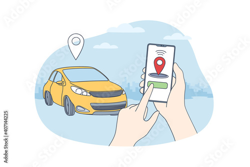 Car sharing and online application concept. Human hands holding smartphone with application of autonomous wireless parking remote connected car sharing service vector illustration