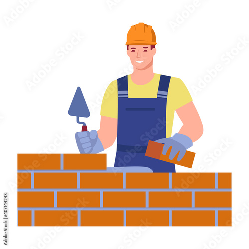 A male bricklayer worker in uniform is building a wall. Bricklayer services. Vector concept. Illustration in flat cartoon style.