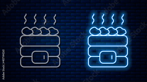 Glowing neon line Hot sauna stones icon isolated on brick wall background. Spa resort recreation, bathhouse relaxation. Hot stones on electric heater. Vector.