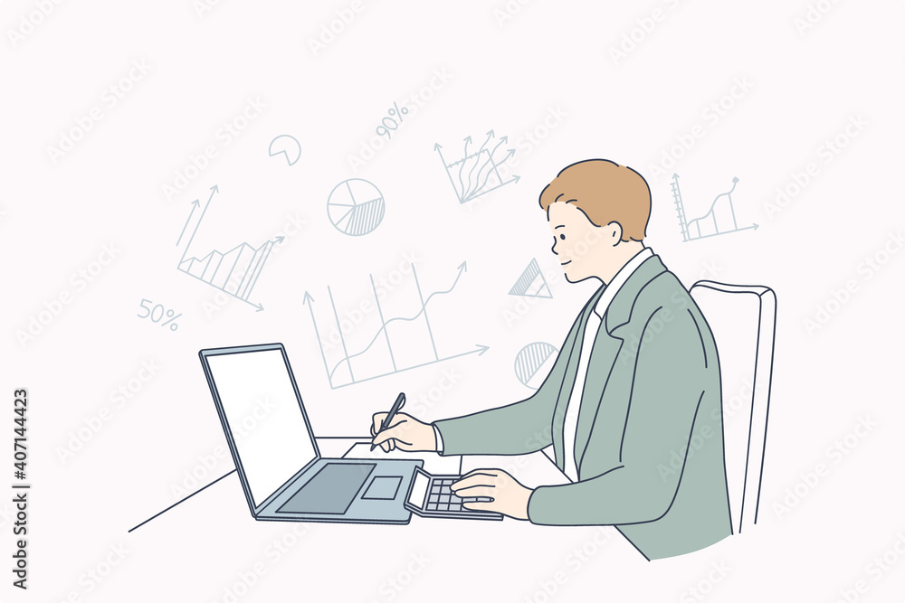 Finance and tax counting system concept. Young accounting businessmen cartoon character sitting and calculating incomes expenditure analyzing investment data statistics vector illustration Finance and tax counting system concept. Young accounting businessmen cartoon character sitting and calculating incomes expenditure analyzing investment data statistics vector illustration